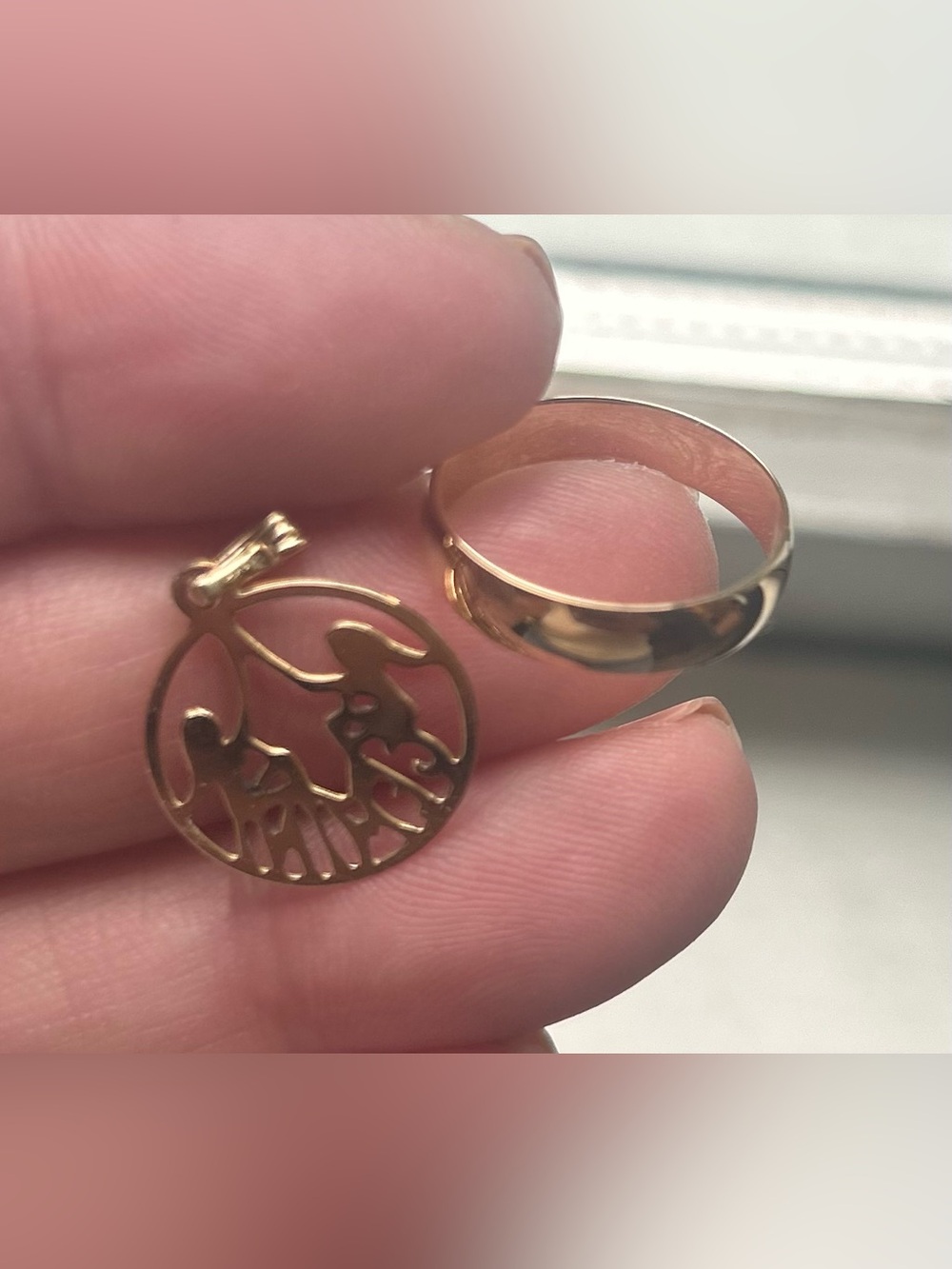 Solid 10 kt & 14 kt yellow gold wedding band ring & Gemini pendant charm
